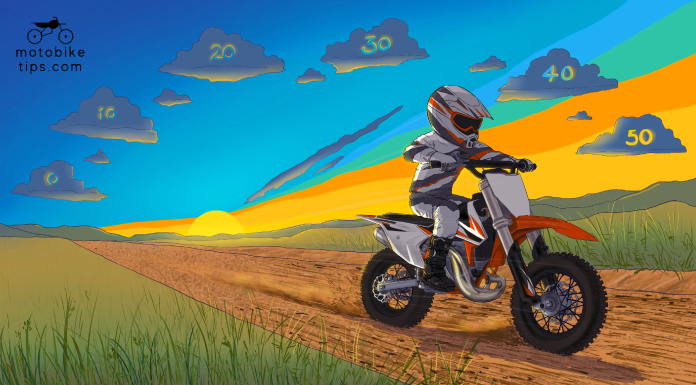 A fast KTM 50cc dirt bike on a trail with speedometer as background