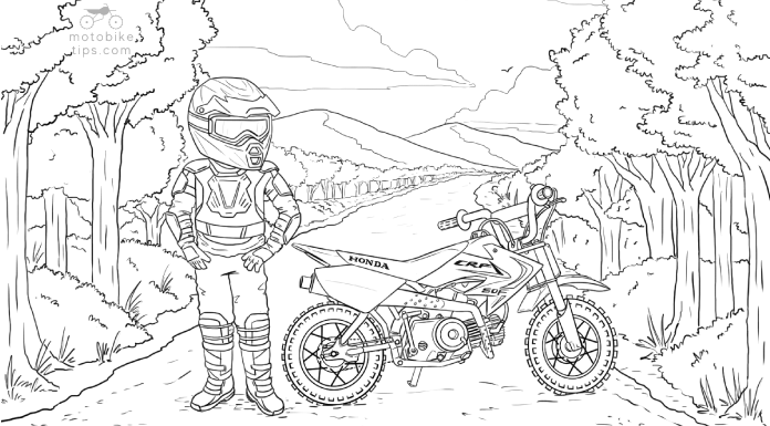Dirt bike coloring page illustration of a youth rider standing next to his parked Honda CRF50 Dirt Bike on a off-road trail 