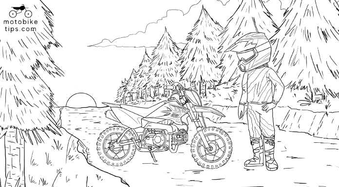 Dirt bike coloring illustration of a youth dirt bike rider standing next to his Yamaha TTR50 dirt bike on a trail with a sun rise in the background