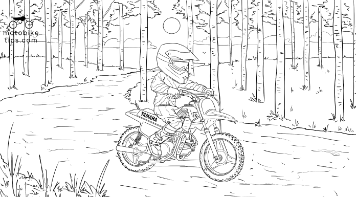 Dirt bike picture to color of a kid riding Yamaha PW50 (Peewee 50) on the trail through the woods