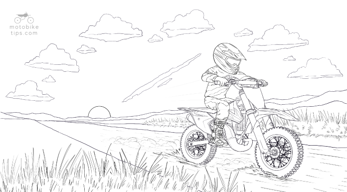 Dirtbike coloring page illustration of a young boy riding his KTM 50 SX motocross bike on a dirt trail with sunset in the background