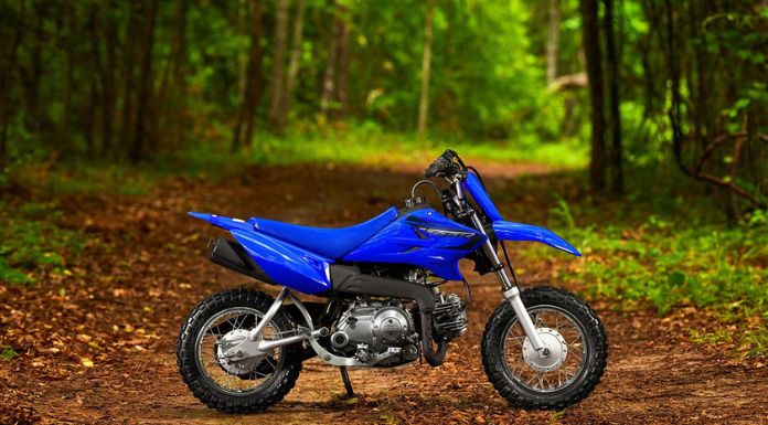 Image of Yamaha TTR50 facing right in the middle of the woods.