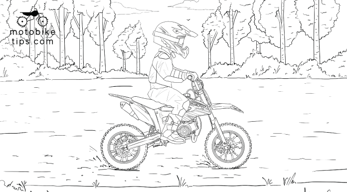 Dirt Bike Coloring page - young boy rides on SSR SX50A dirt bike.