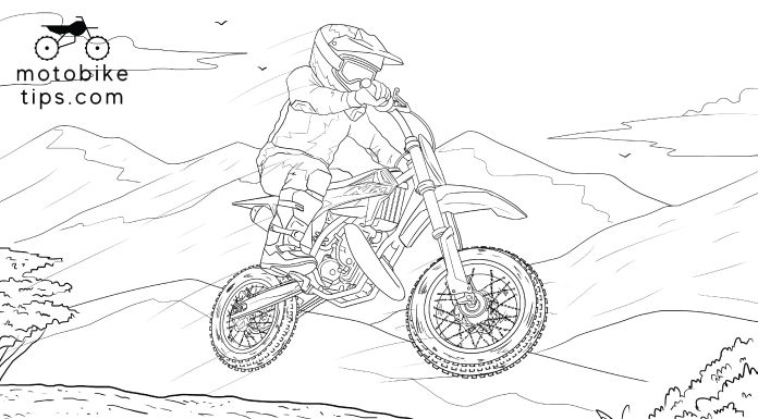 A black and white illustration of Young rider jumoing the KTM 65SX dirt bike in the trail