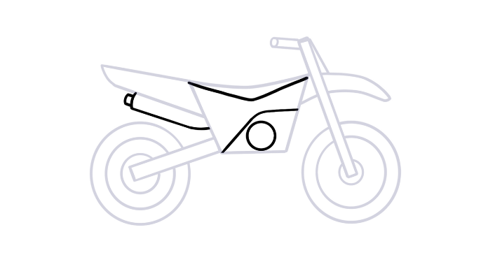 Dirt bike drawing easy step 5 - adding Engine, exhaust and seat of the dirt bike