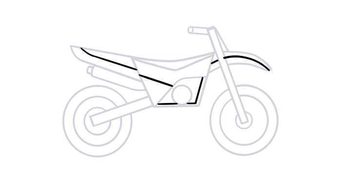 Dirt bike drawing easy step 6- Add detail lines to mud guards + main body partitions