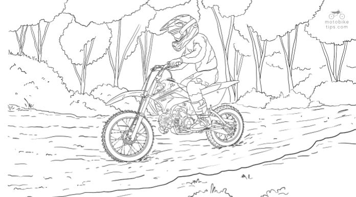 Illustration of young man riding on his Kawasaki KLX 110 dirt bike in the trail