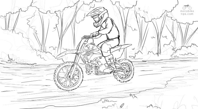 Sketch of Man riding on his Kawasaki KLX 110 dirt bike in the trail