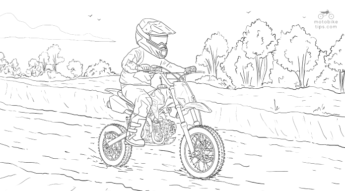 Illustration of a young man riding on his ssr 110 dirt bike in the trail