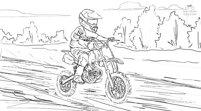 Sketch of young man riding his ssr 110 dirt bike in the trail