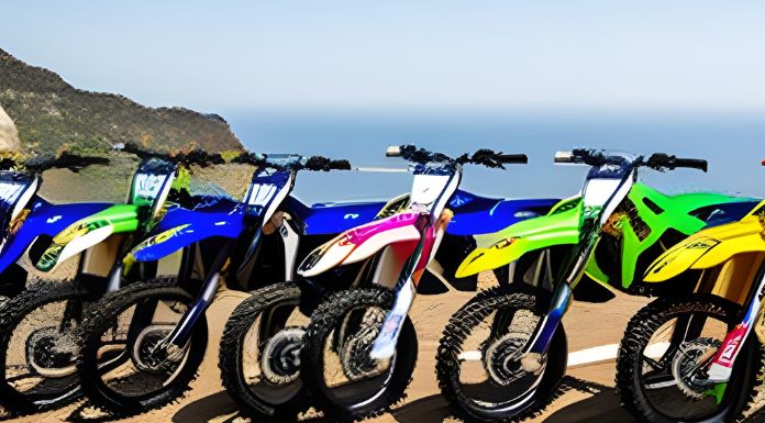 Line of different colors of dirt bikes