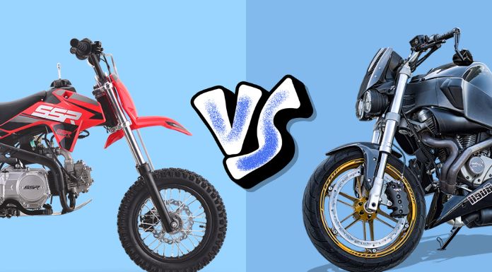 SSR dirt bike vs motorcycle in in light blue and dark blue background